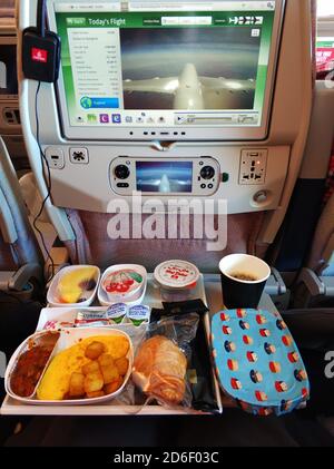 A set of food for a passenger on an Emirates airline flight. Stock Photo