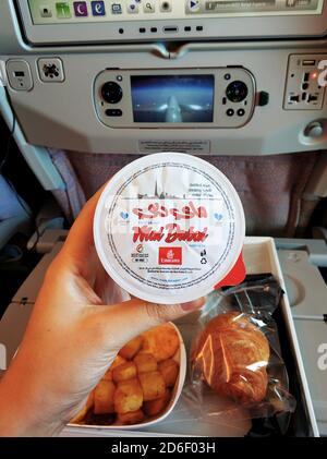 A set of food for a passenger on an Emirates airline flight. Stock Photo