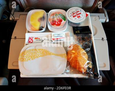 A set of food for a passenger on an Emirates airline flight. Stock Photo