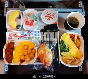 A set of food for a passenger on an Emirates airline flight. Stock Photo