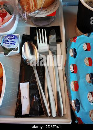 A set of food for a passenger on an Emirates airline flight. Stock Photo