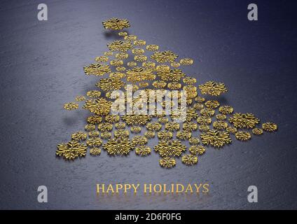 Christmas tree made from golden snowflake models in three layers on top of a dark blue stone background. Text 'Happy Holidays' at the bottom. Stock Photo
