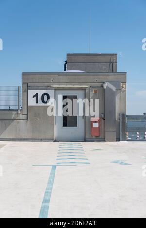 Germany, Mecklenburg-Western Pomerania, Stralsund, roof of a parking garage, exit to the elevator Stock Photo