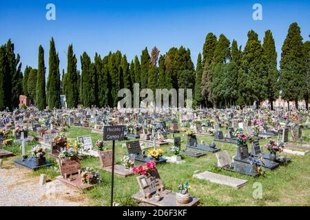 Venice, Italy- Aug, 2013: Graves in cemetery on island San Michele, Venice, Venetia,Venetian Lagoon, Italy, Europe Stock Photo