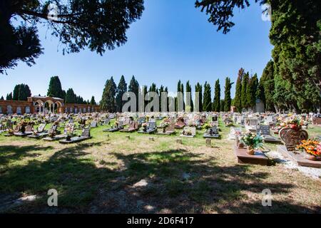Venice, Italy- Aug, 2013: Graves in cemetery on island San Michele, Venice, Venetia,Venetian Lagoon, Italy, Europe Stock Photo