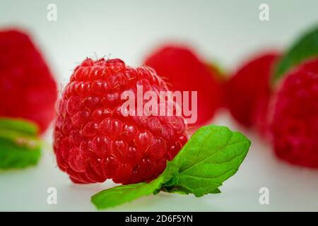 macro image of a raspberry and mint leave Stock Photo