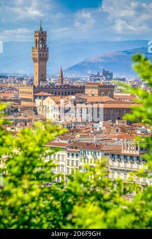 Elevated view on Florence with the Palazzo della Signoria, better known as the Palazzo Vecchio (The Old Palace), Florence, Tuscany, Italy, Europe Stock Photo