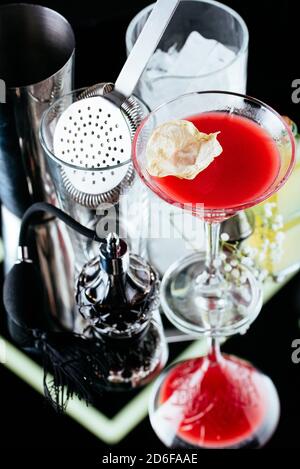 alcoholic cocktails on a mirror background Stock Photo