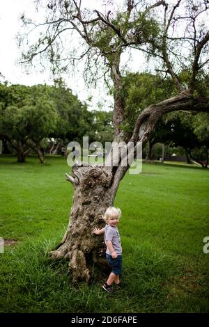 Two Year Old Smiling for Camera Standing Next to Tree in Park
