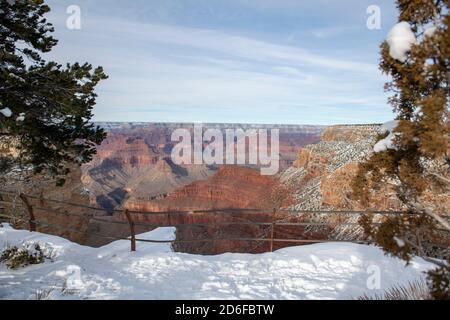 Snow covered south rim viewing area on the Grand Canyon scenic drive Stock Photo