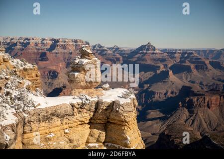 Snow covered Duck on a Rock formation in Grand Canyon Natiional Park Stock Photo