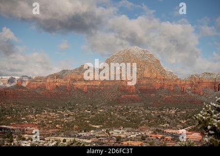 View of snow dusted Capital Butte in Sedona Arizona in winter Stock Photo