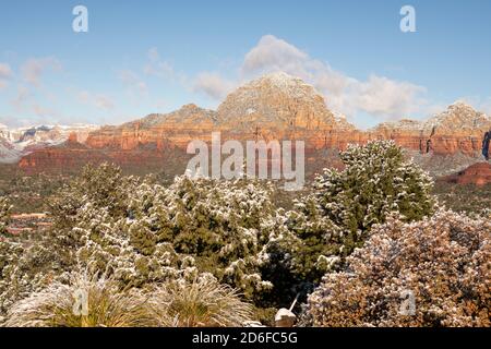 View of snow dusted Capital Butte in Sedona Arizona Stock Photo