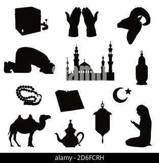 Black silhouettes of Muslim symbols. Vector illustration Stock Vector