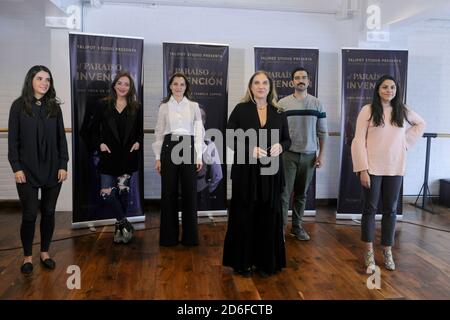 Mexico City, Mexico. 15th Oct, 2020. MEXICO CITY, MEXICO - October 15: (L-R) Regina Blandón, Marina de Tavira, Lorena Maza, Alfonso Herrera poses for photos during a Press conference to promote “El paraíso de la invención” at Theater Milan on October 15, 2020 in Mexico City, Mexico. Credit: Martin Gonzalez/Eyepix Group/The Photo Access Credit: The Photo Access/Alamy Live News Stock Photo