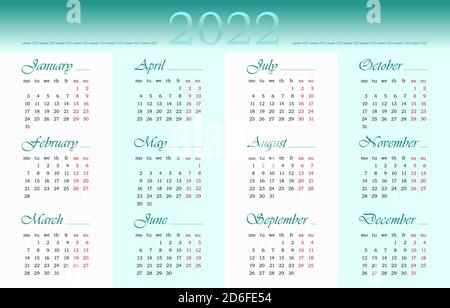 2022 year Calendar in English. 12 months. Week starts on Monday. Vector editable template 10 EPS. Horizontal poster, banner, web Stock Vector
