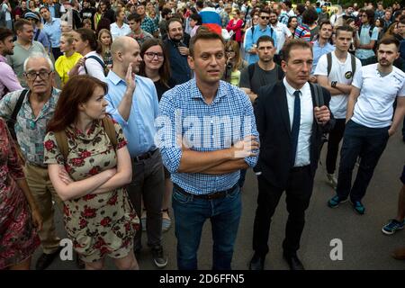 Moscow, Russia. 09 of August, 2016. Kira Yarmysh (left), Alexei Navalny (center), Roman Rubanov (right) take part of protest against 'The Yarovaya law package' restricting Internet privacy during opposition rally in central park Sokolniki in Moscow, Russia Credit:  Nikolay Vinokurov Stock Photo