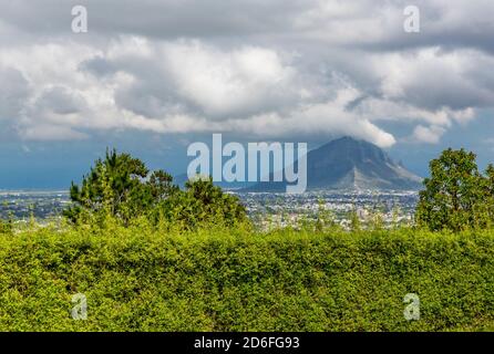 View of the Mont du Rempart mountains and the town of Vacoas, Trou aux Cerfs volcanic crater, Curepipe, Mauritius, Africa, Indian Ocean Stock Photo