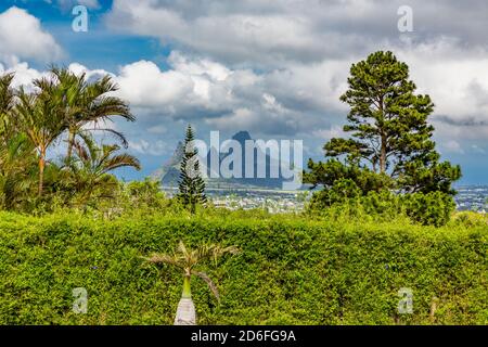 View of the Mont du Rempart mountains and the town of Vacoas, Trou aux Cerfs volcanic crater, Curepipe, Mauritius, Africa, Indian Ocean Stock Photo