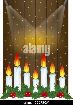 Creative frame made of Christmas wooden background with candles Stock Vector