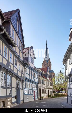 Germany, Lower Saxony, Wolfenbüttel, old town, half-timbered houses, "Krumme Strasse", St. Petrus Church Stock Photo