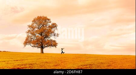 Woman running happily on a meadow with a tree in autumn Stock Photo