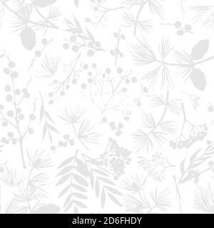 Winter christmas seamless pattern with twigs, berries, and leaves of plant isolated on white background. Hand-drawn vintage sketch botanical Stock Vector