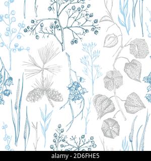 Winter christmas seamless pattern with twigs, berries, and leaves of plant isolated on white background. Hand-drawn vintage sketch botanical Stock Vector