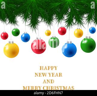 Merry Christmas wreath frame background. Background with realistic pine branches, colored balls. Vector holiday illustration for postcard, banner. New Stock Vector