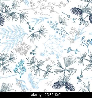 Winter christmas seamless pattern with twigs, berries, and leaves of plant isolated on white background. Hand-drawn vintage sketch botanical Stock Vector