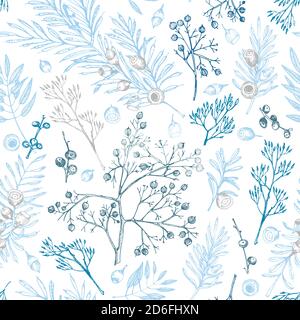 Winter christmas seamless pattern with twigs, berries, and leaves of plant isolated on white background. Hand-drawn vintage sketch botanical Stock Vector