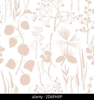 Winter christmas seamless pattern with twigs, berries, and leaves of plant isolated on white background. Hand-drawn vintage sketch botanical Stock Vector