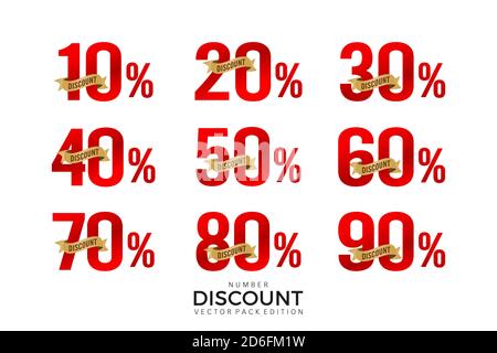 Sale discount number set, tag number discount vector set, label sale numbers collection with golden ribbon. For Advertising, shopping festival, banner Stock Vector