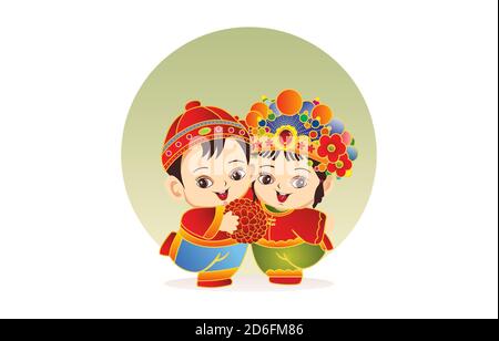 Chinese wedding couple, Chinese wedding cartoon, Traditional Chinese Wedding, Chinese bride and groom cartoon wedding in traditional red dress gown Stock Vector