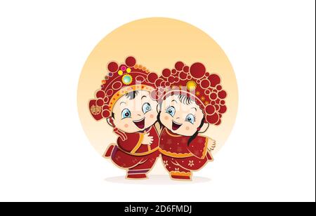 Chinese wedding couple, Chinese wedding cartoon, Traditional Chinese Wedding, Chinese bride and groom cartoon wedding in traditional red dress gown Stock Vector
