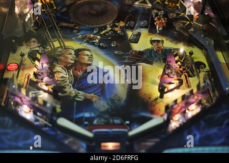 Close up of the art work on the Twister movie pinball machine, on display at the Twister Museum in Wakita, Oklahoma. Stock Photo