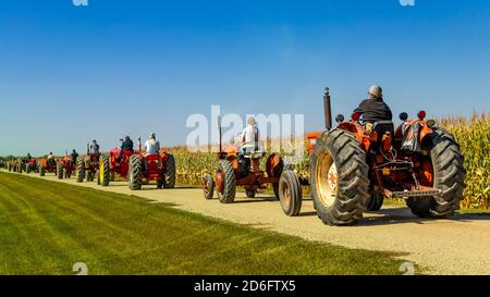 Visit the villages, Tractor Trek , a fund raising event for the Eden Foundation near Winkler, Manitoba, Canada. Stock Photo