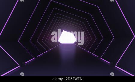 Futuristic architecture sci-fi hallway and corridor tunnel interior with neon lights background, 3d rendering Stock Photo
