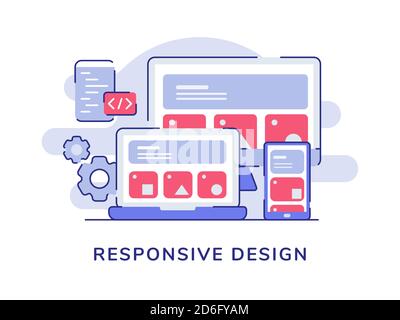 Responsive design ui wireframe on display laptop screen white isolated background with flat outline style Stock Vector