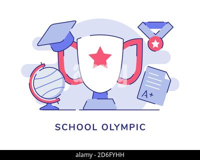 School olympic concept trophy globe medal hat exam result white isolated background with flat outline style Stock Vector