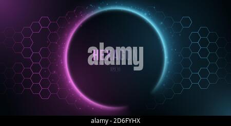 Futuristic glowing banner with hexagon cyber pattern. Luminescent ring. Flying abstract lights. Purple and blue background for modern hi-tech design. Stock Vector