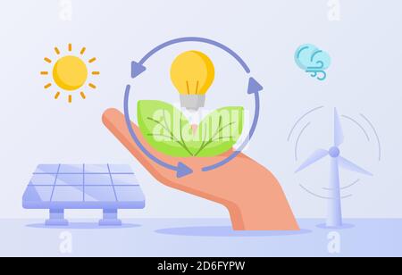 Renewable energy saving hand hold leaf light bulb lamp wind sun energy solar panel white isolated background with flat style Stock Vector