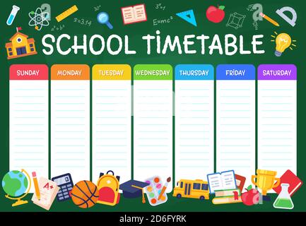 School timetable, planner for pupils for the week vector illustration ...