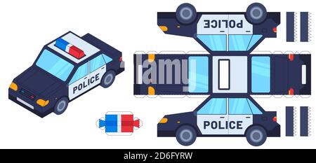 Police car paper cut toy. Kids crafts, create toys with scissors and glue. Paper cop vehicle, 3d model worksheet vector template Stock Vector