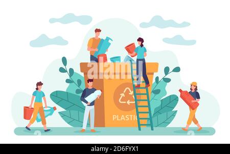 Waste recycle. Eco-friendly people throw out trash in recycling bin. Ecology lifestyle, plastic garbage and zero waste vector concept Stock Vector