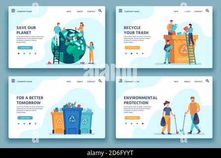 Recycling trash landing page. People collecting and sorting garbage for recycle. Eco lifestyle. Reduce environment pollution web site vector Stock Vector