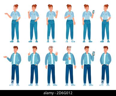 People in jeans gesture. Happy standing woman and man in casual denim shirts and pants showing gestures. Teenager holding phone, vector set Stock Vector