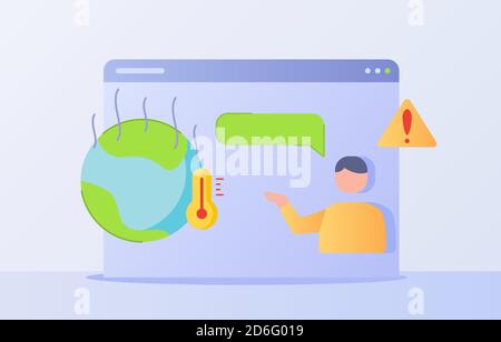 Global warming concept man presentation earth evaporate thermometer on display monitor white isolated background with flat style Stock Vector