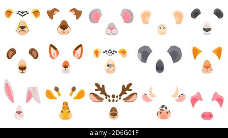 Animal face for video chat. Filter masks of animals. Fox, panda and koala, deer and bear, cheetah and tiger, dog and cat. Cartoon vector set Stock Vector