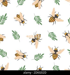 Bee pattern. Cute flying bees insects kids wallpaper or honey wrapping paper seamless vector doodle texture Stock Vector